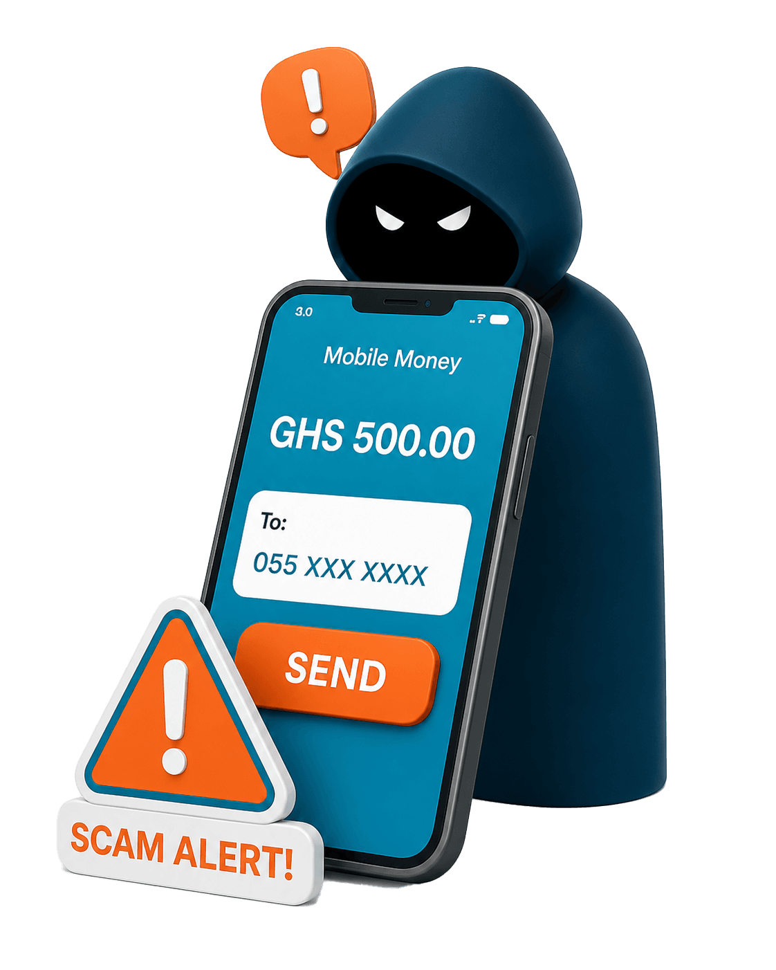 Scam alert illustration showing mobile money fraud warning